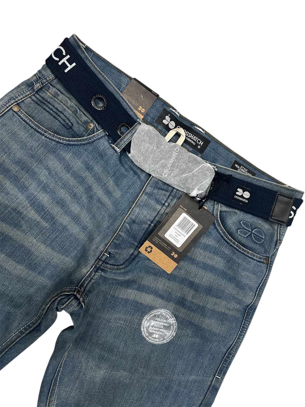 Crosshatch Mens New Embossed Techno Straight Fit Jeans Stone Wash