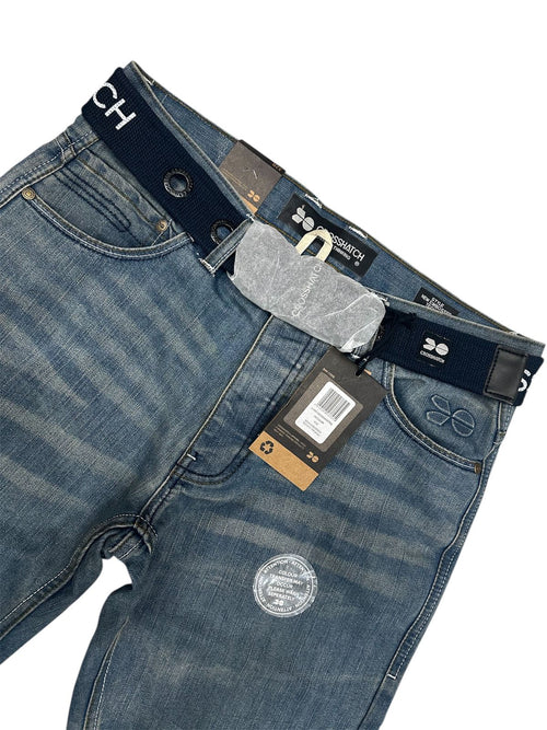 Crosshatch Mens New Embossed Techno Straight Fit Jeans Stone Wash